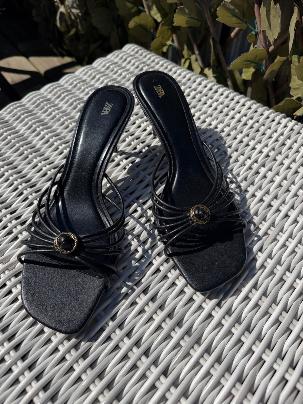 Zara Black Strappy Sandals with Gold Accent